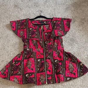 MAE OTTI Ankara Vibrant Pink and Brown Women's Peplum Blouse, Size Medium